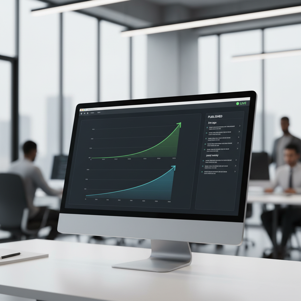 A sleek, modern dashboard showing automated SEO growth charts and content publishing timelines.