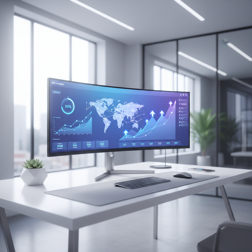 A futuristic control center dashboard showing automated SEO growth metrics and content publishing status.