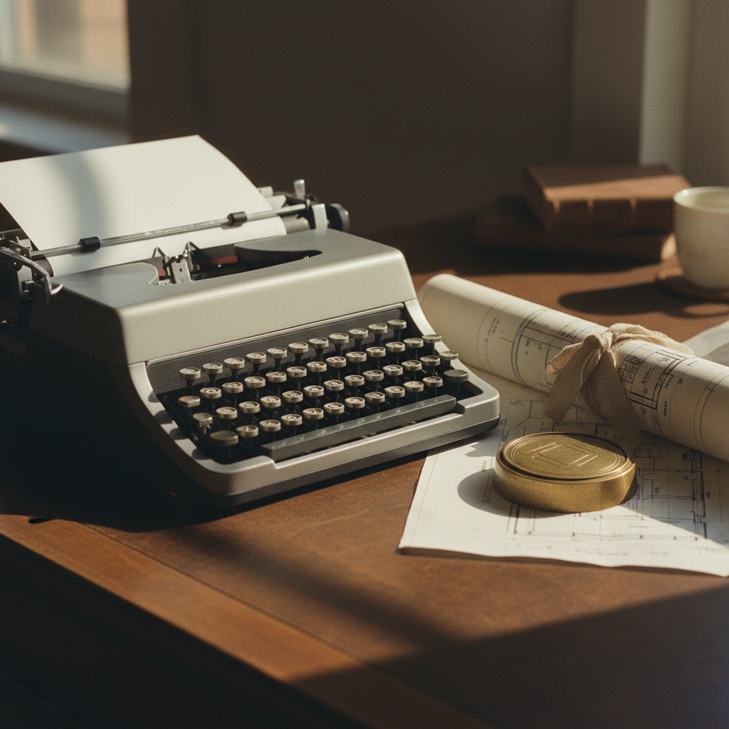 A clean, minimalist workspace with a vintage typewriter and architectural blueprints.