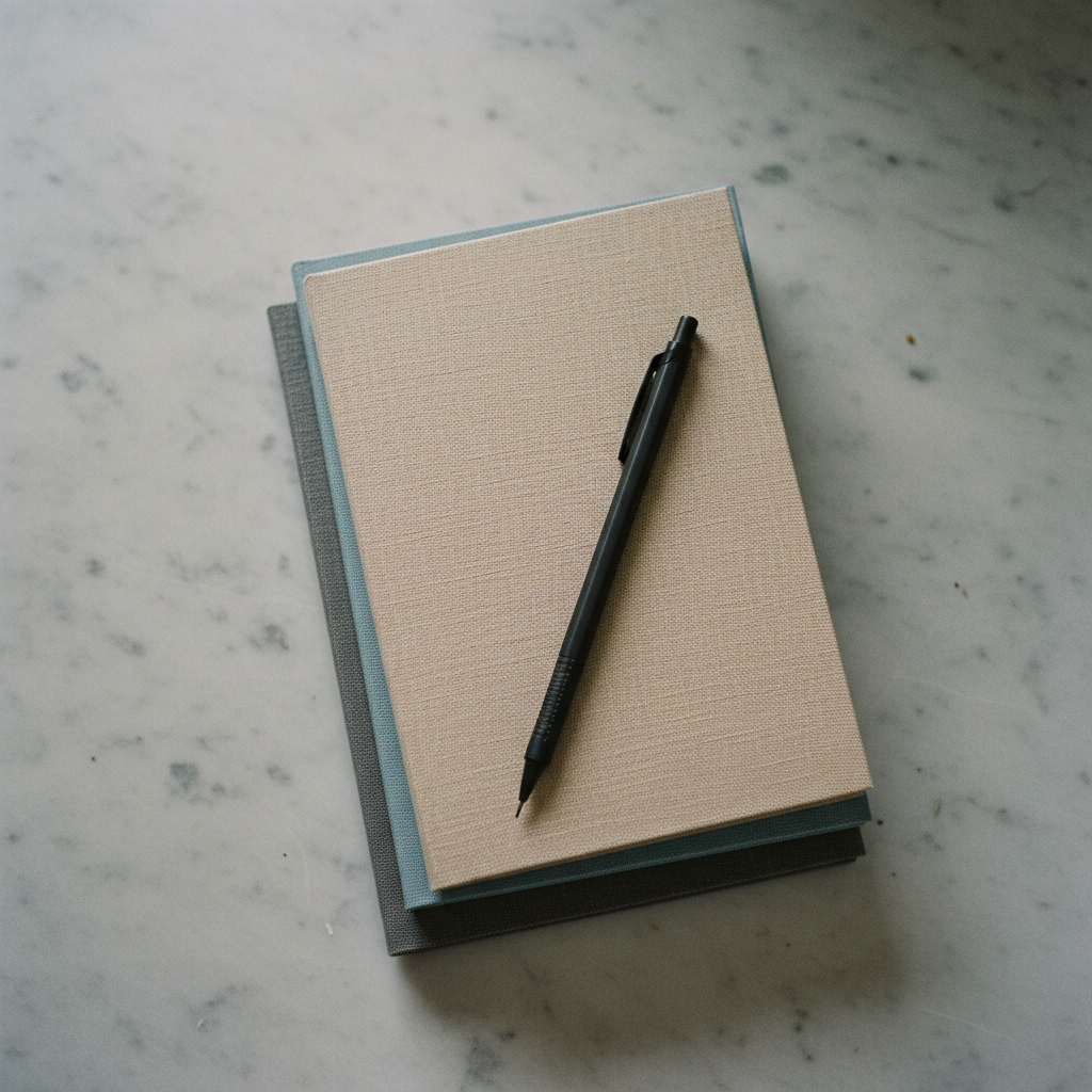 A stack of hand-bound journals and a mechanical pencil on a marble table.