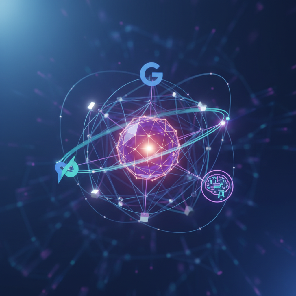 A visual representation of an interconnected web of internal links and search engine logos.