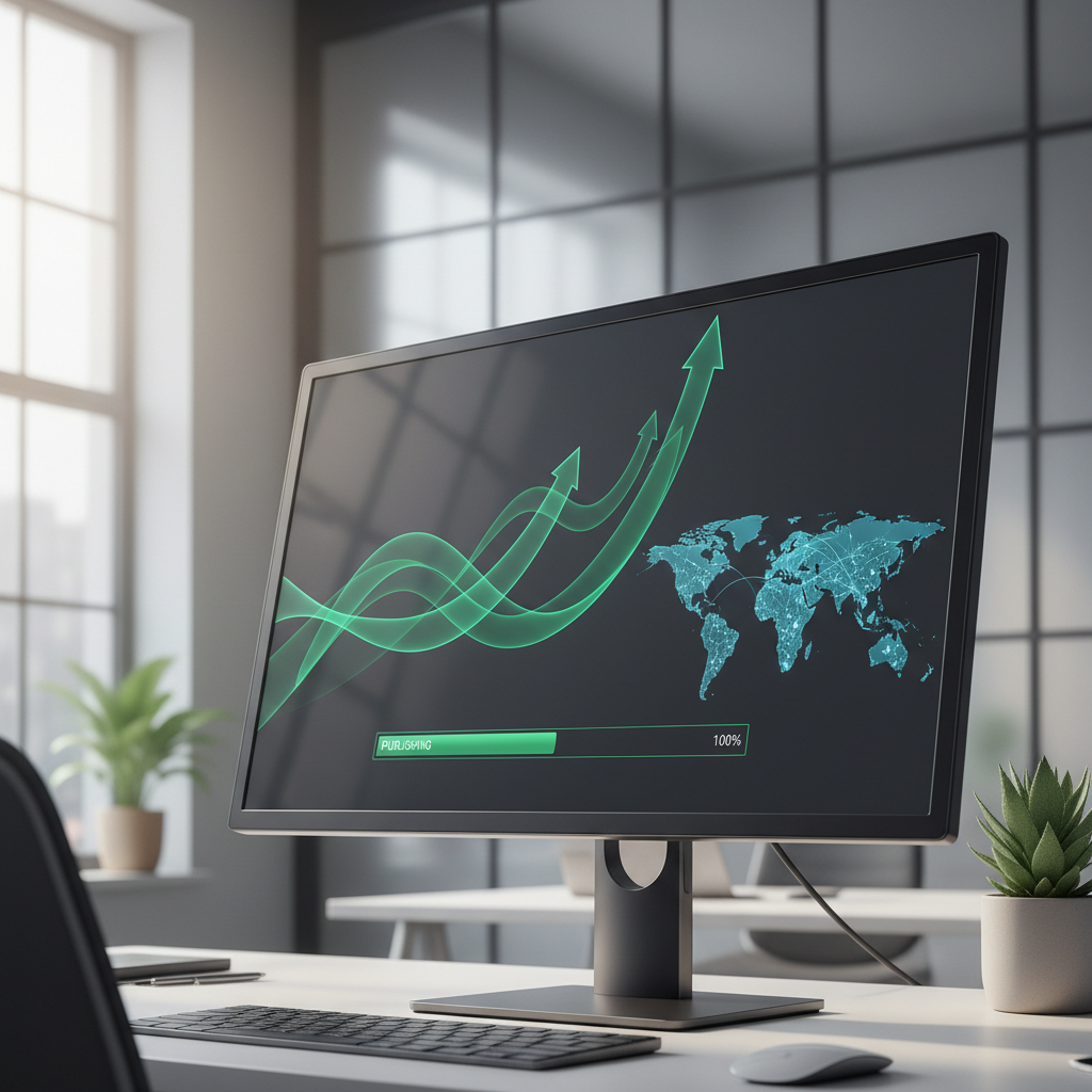 A futuristic, streamlined control center dashboard showing rising organic traffic graphs and automated content workflows.