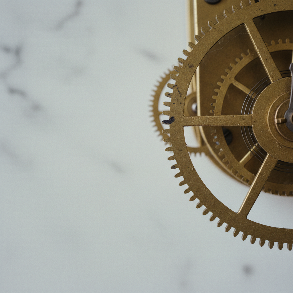 A series of vintage brass gears and a small mechanical clockwork mechanism on a marble surface.