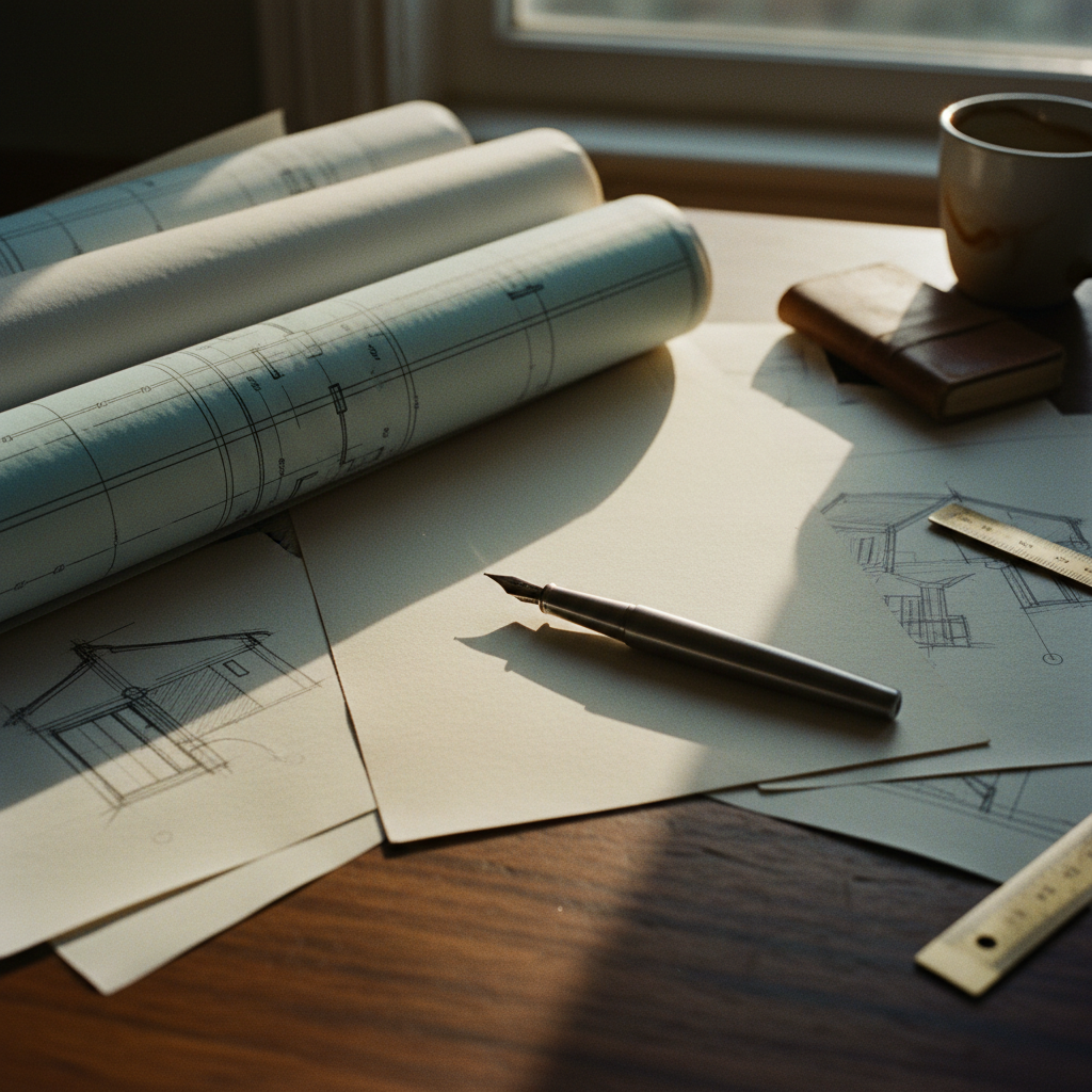 A high-end metallic fountain pen resting on a stack of crisp, architectural blueprints on a dark oak desk.