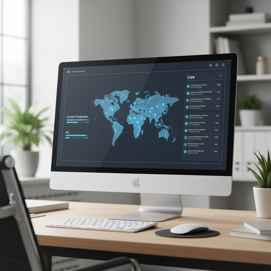 A sophisticated command center interface showing real-time content deployment and SEO performance metrics globally.