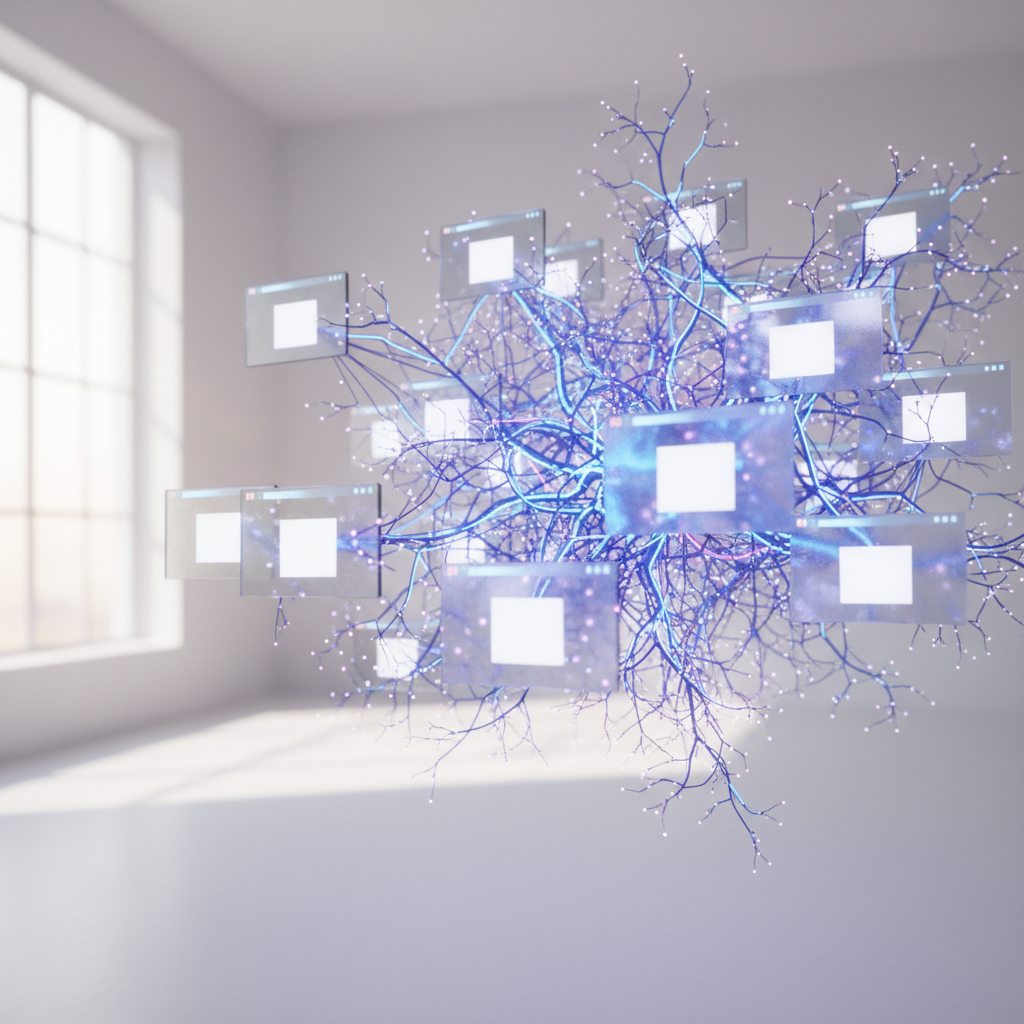 A conceptual visualization of internal links connecting different web pages like a nervous system.