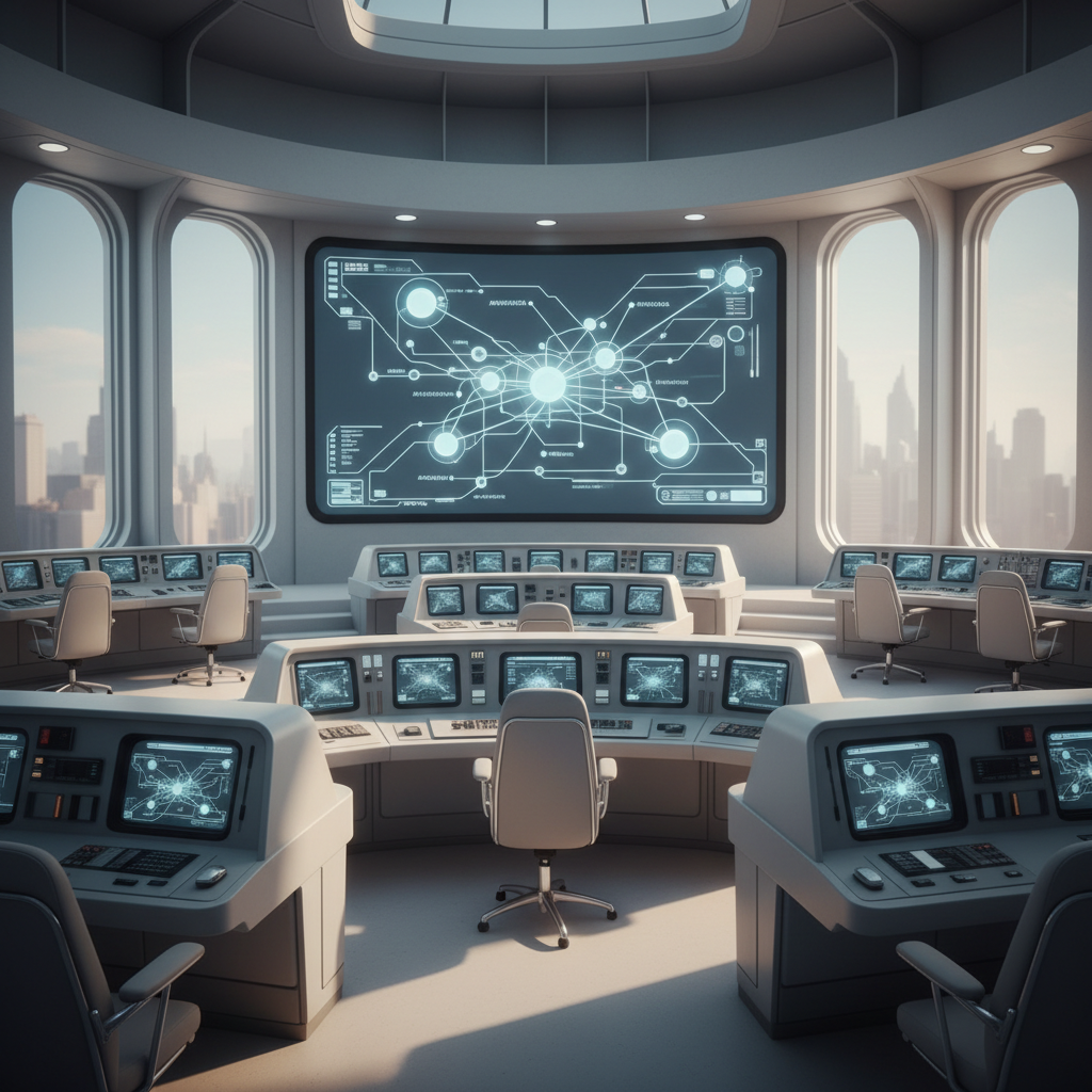 A futuristic digital dashboard showing a continuous flow of SEO content being published across global search engines and AI interfaces.