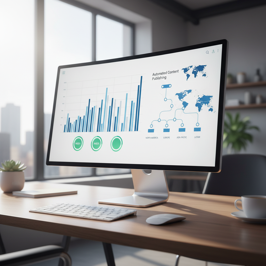 A futuristic, streamlined control center dashboard showing organic growth charts and automated content pipelines.