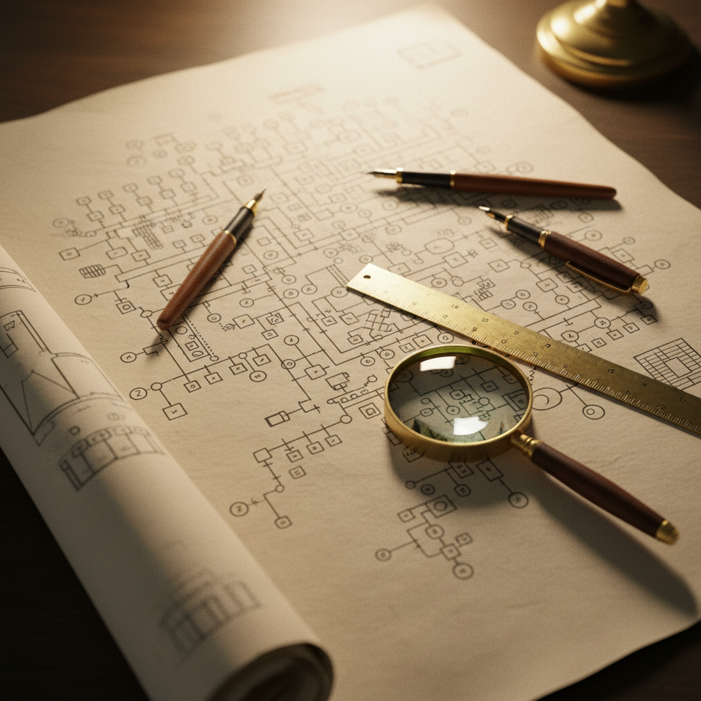 A large physical organizational chart spread across a drafting table with architectural pens.