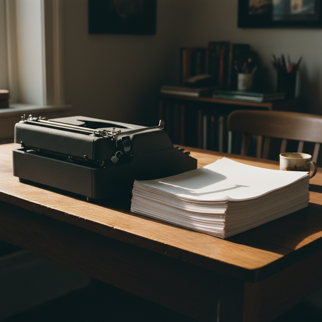 A vintage typewriter on a dark wooden desk with a stack of clean white paper, morning sun through a window.