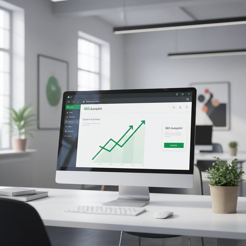 Digital dashboard showing organic traffic growth and content publishing metrics.
