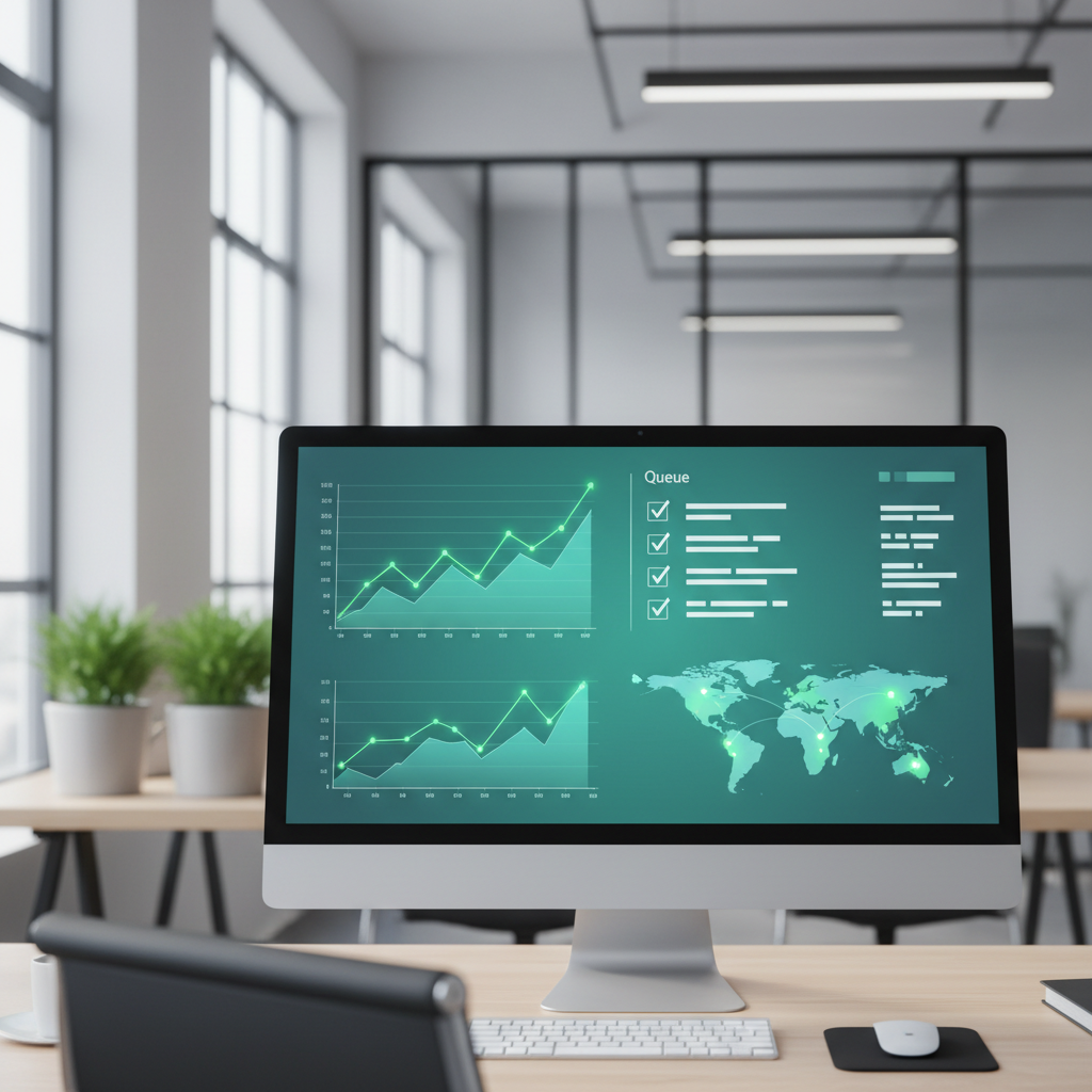A sophisticated digital dashboard showing real-time SEO growth metrics and automated content publishing queues.