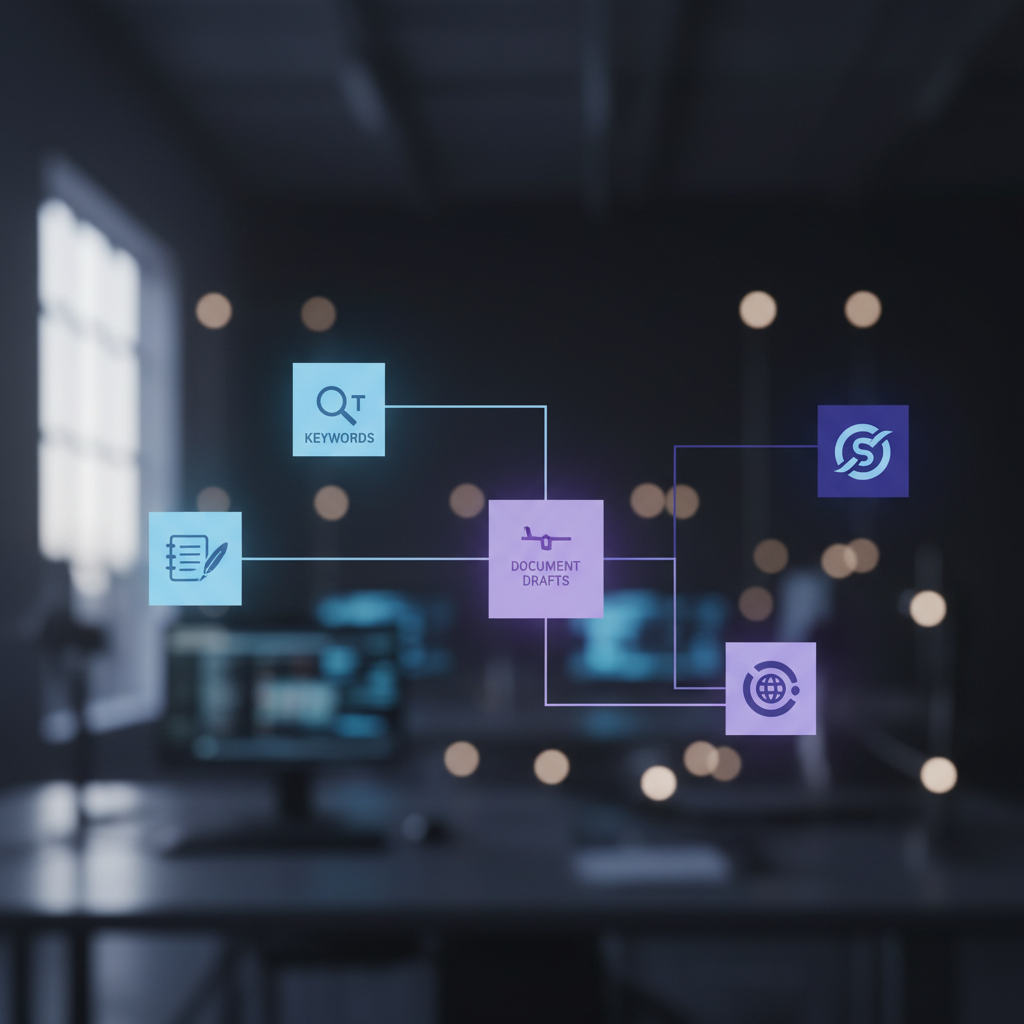 A high-tech digital dashboard showing a continuous flow of SEO content being published across a global map.