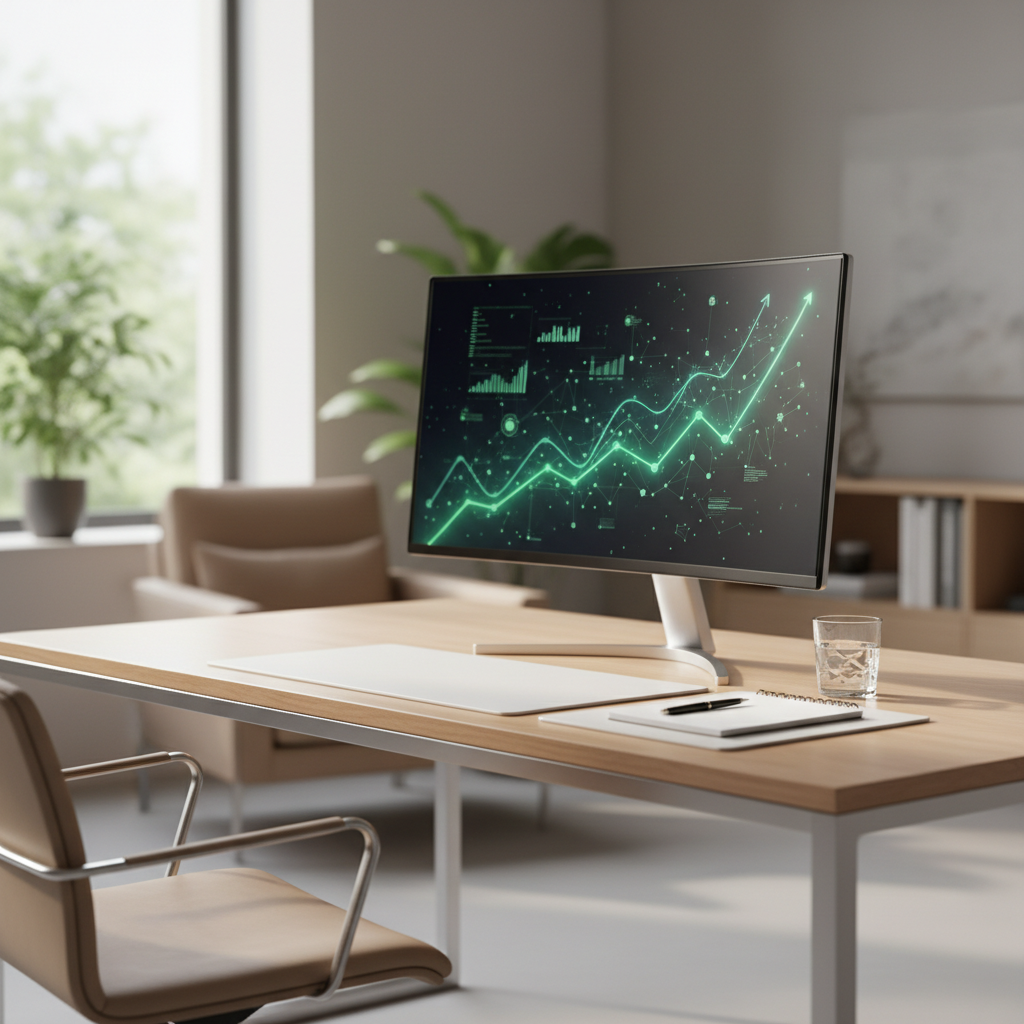A professional workspace with a high-end computer monitor displaying complex data visualizations and growth charts representing SEO success.