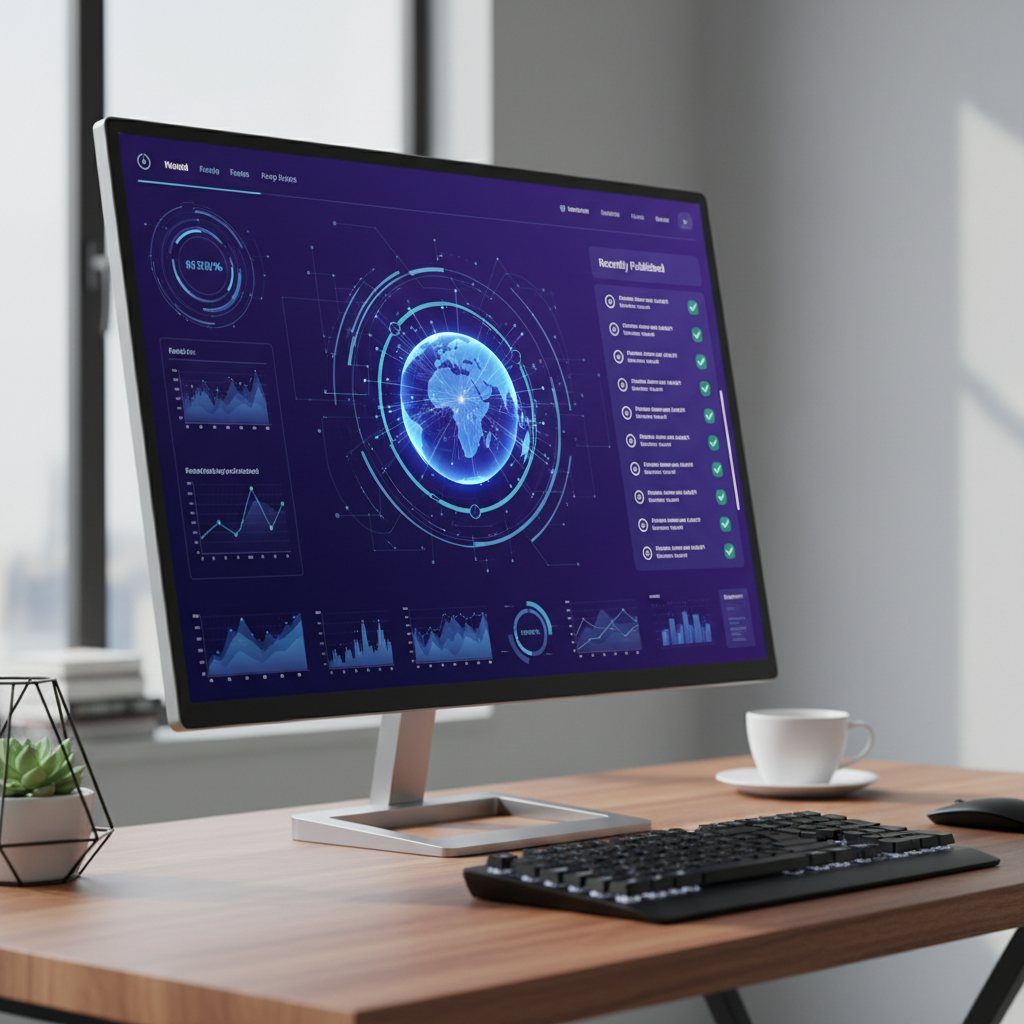 A sophisticated command center interface showing real-time SEO growth charts and automated content publishing queues.
