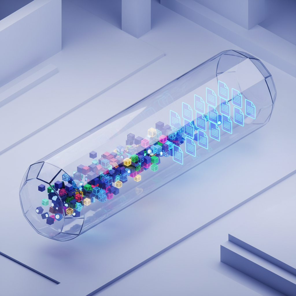 A conceptual visualization of a data pipeline transforming raw keywords into structured web pages.