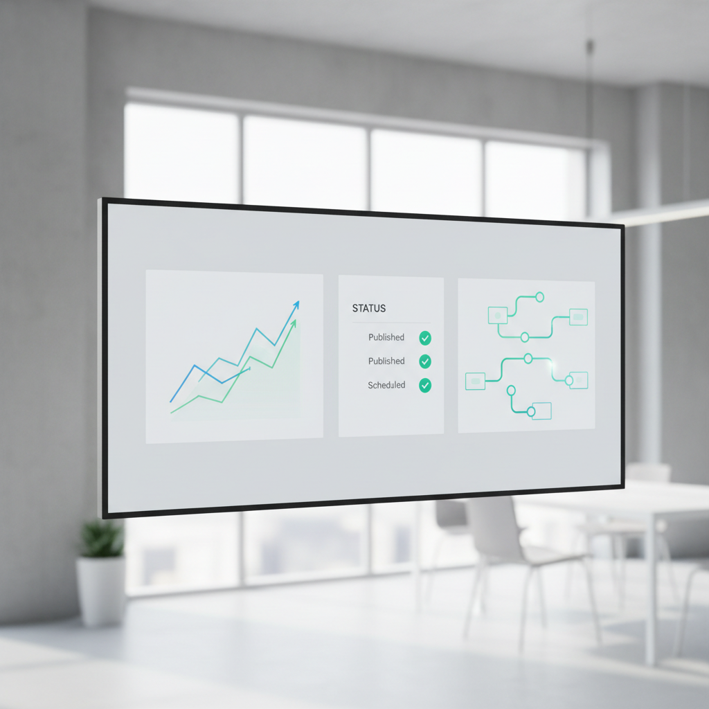A sleek high-tech dashboard showing content growth metrics and an automated pipeline visualization.