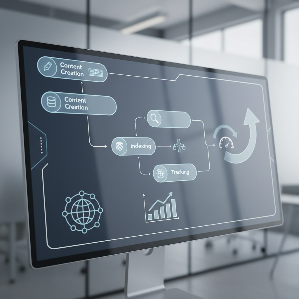 Digital dashboard showing automated SEO growth metrics and content pipelines.