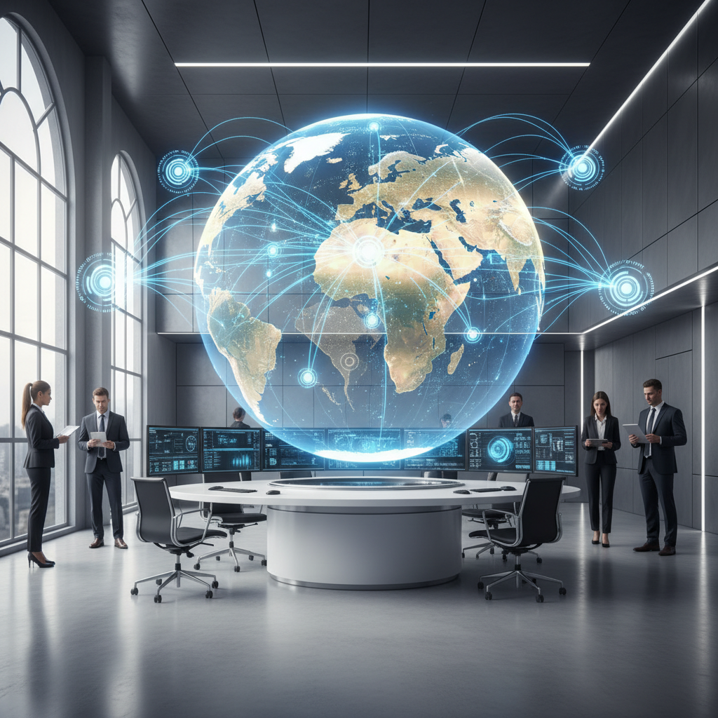 A futuristic command center showing a digital globe and glowing data streams representing global SEO distribution.