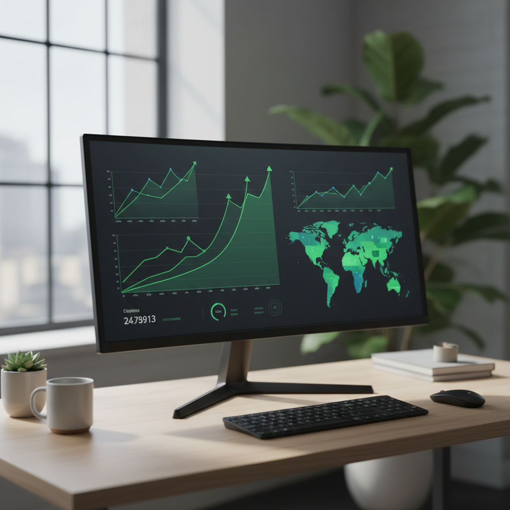 A futuristic dashboard showing real-time SEO rankings and AI search visibility graphs.