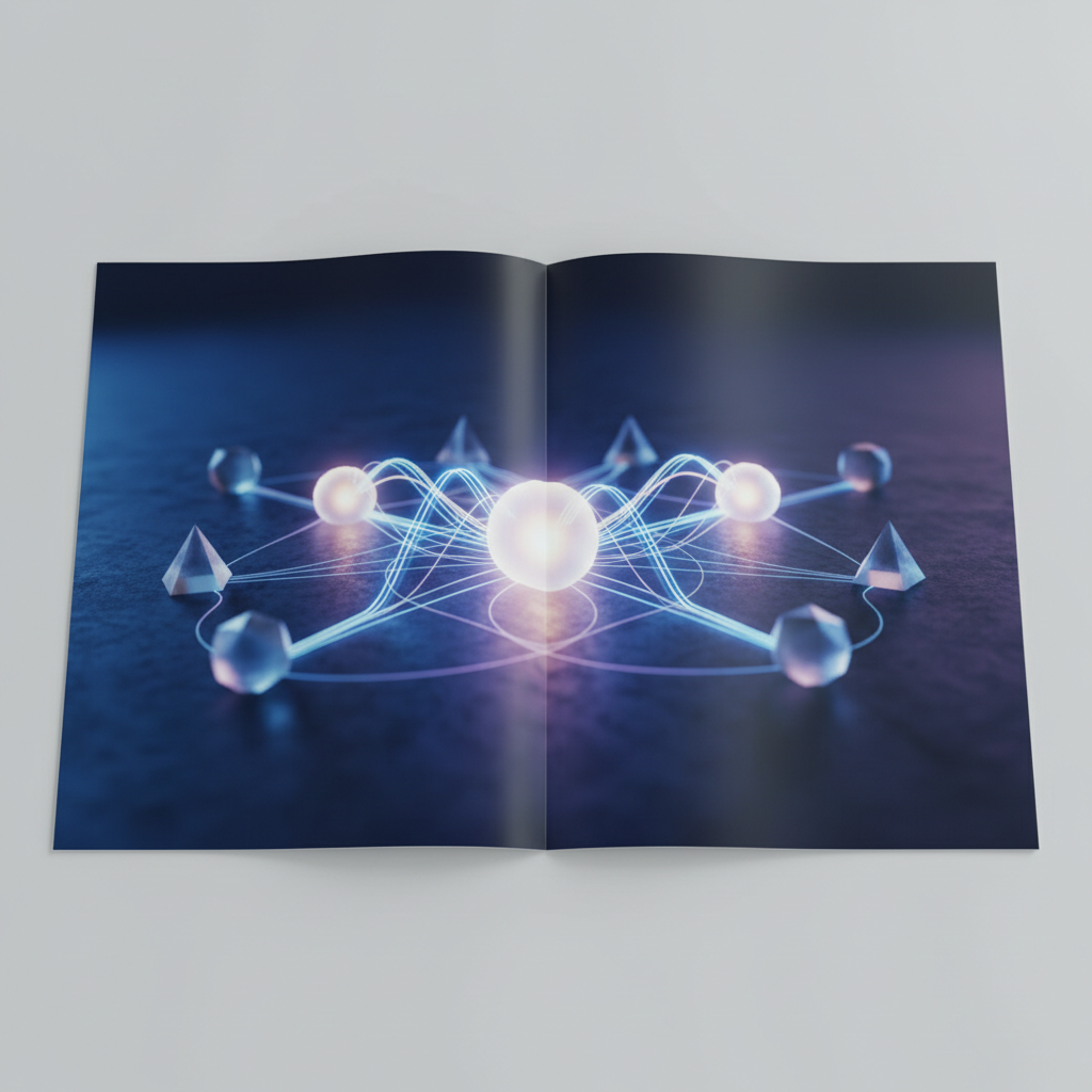 A 3D visualization of an interconnected web of content and links representing a website's internal structure.