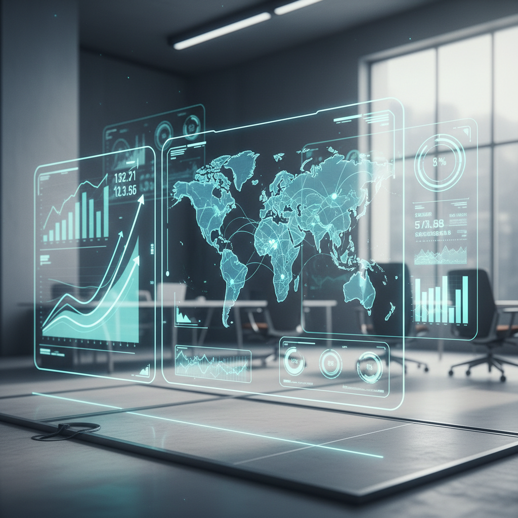 A sleek, high-tech command center interface showing a global map and rising data streams, representing automated SEO growth.