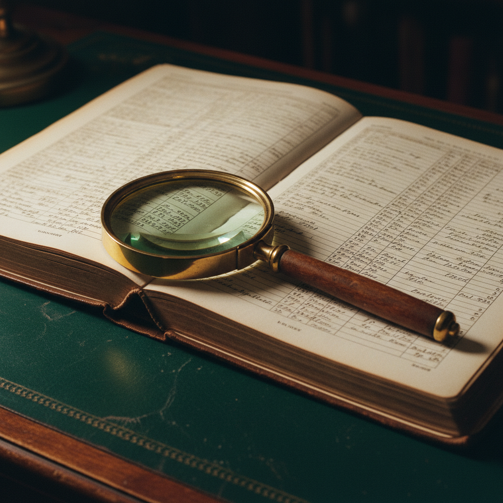 A magnifying glass resting on a thick open ledger filled with neat handwriting.