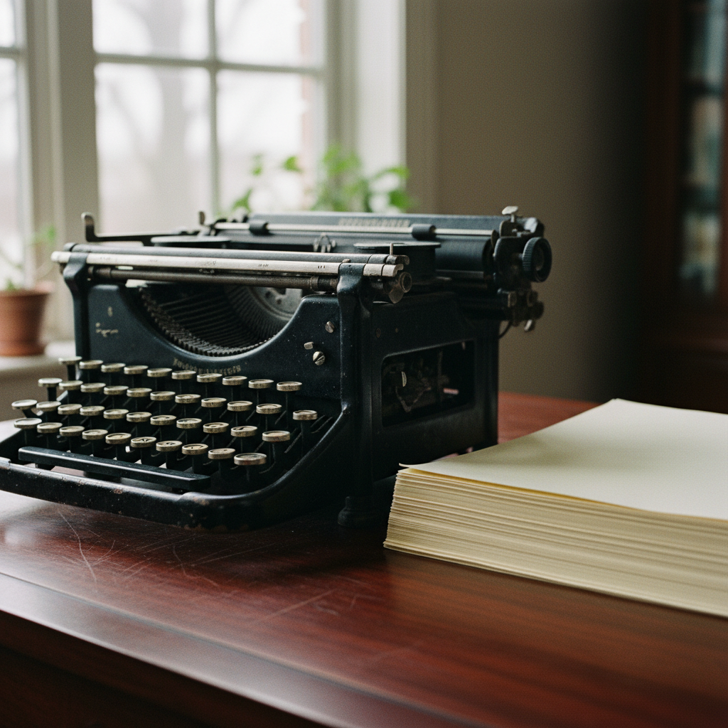 A vintage typewriter on a dark wooden desk with a stack of clean white paper in soft morning light.