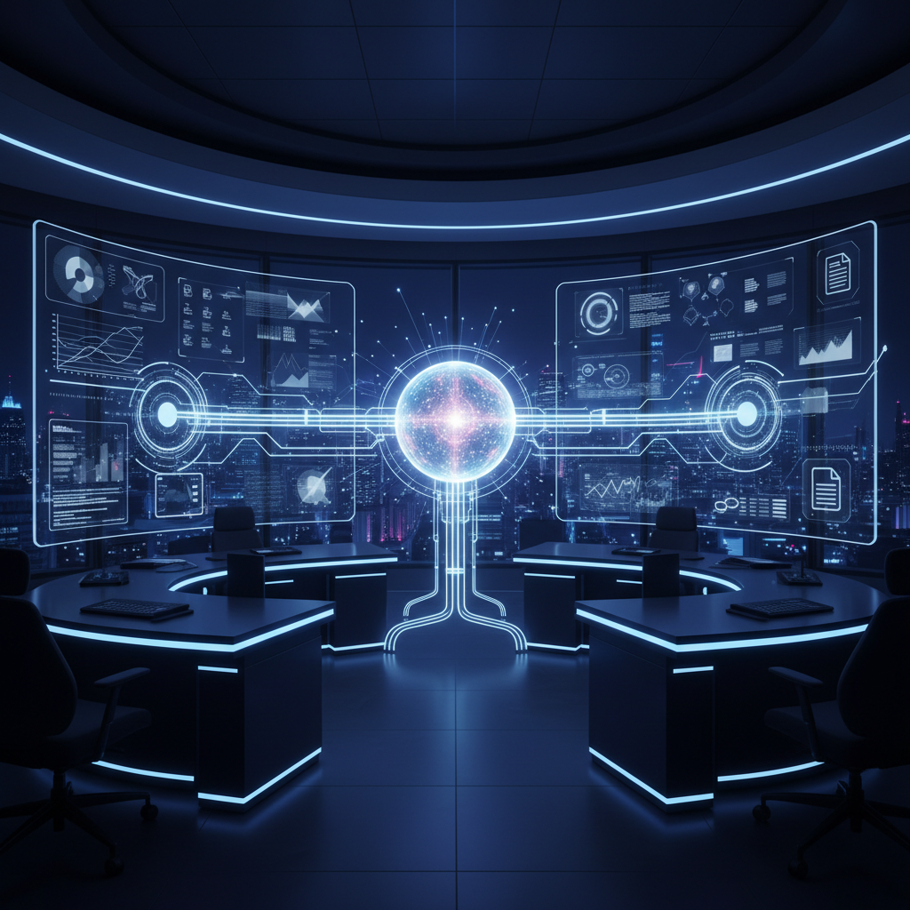 A futuristic digital control center showing a streamlined pipeline of high-quality content moving toward a glowing search engine interface.