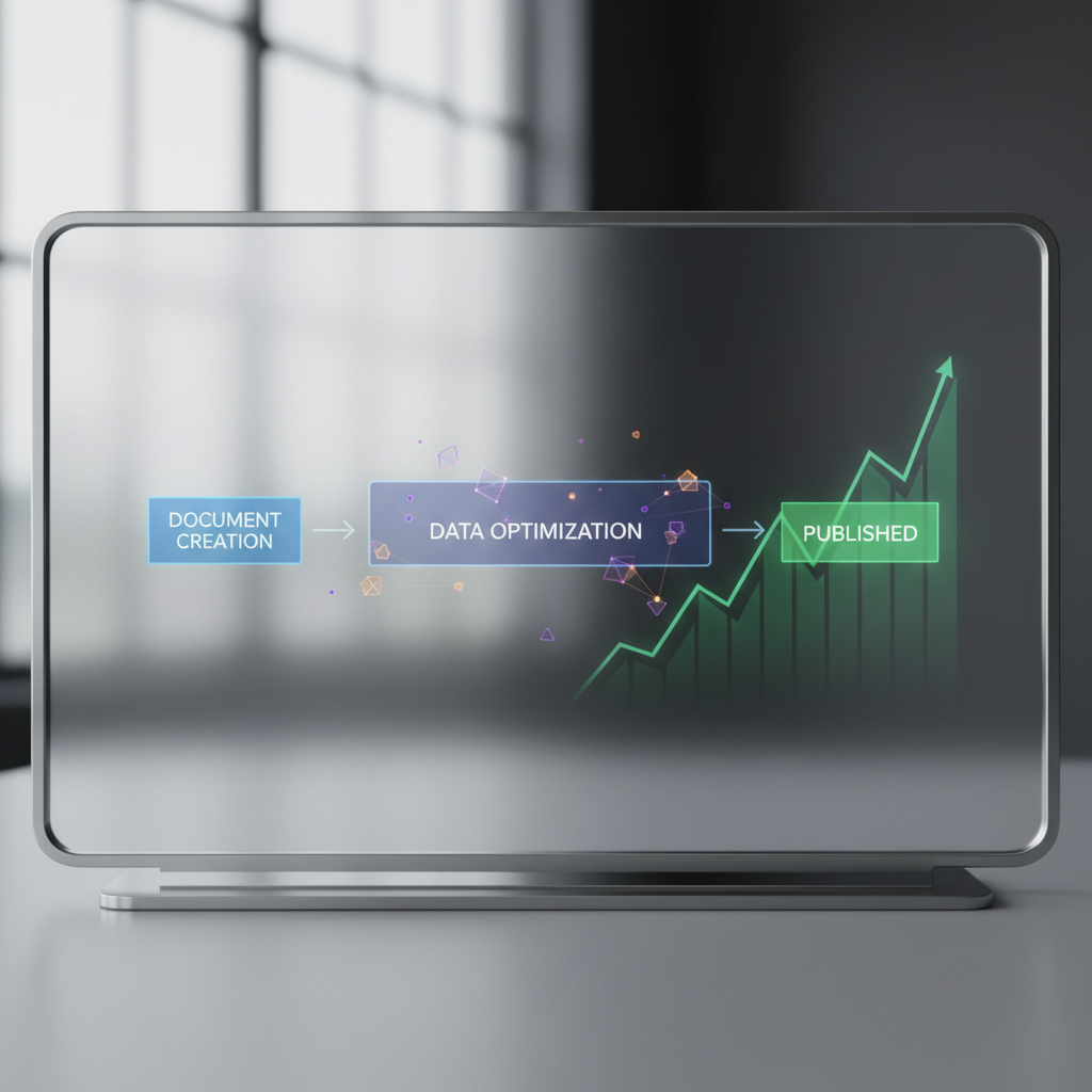 A high-tech digital dashboard showing SEO growth metrics and automated publishing queues.