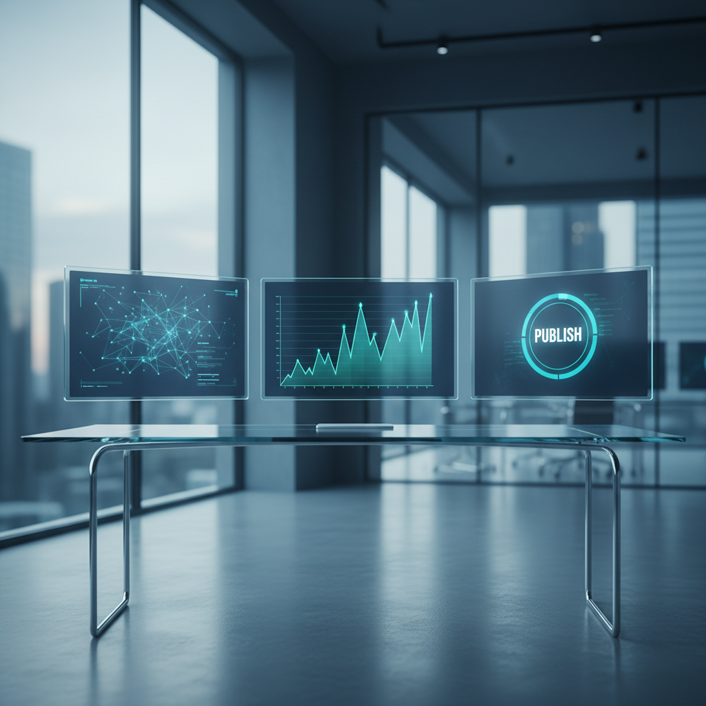 A high-tech control room with glowing holographic data visualizations showing search engine growth charts and content pipelines.