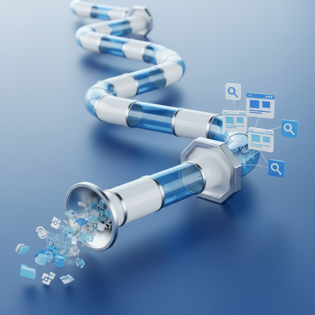 A visual representation of an automated conveyor belt for digital content, transforming data points into published web pages.