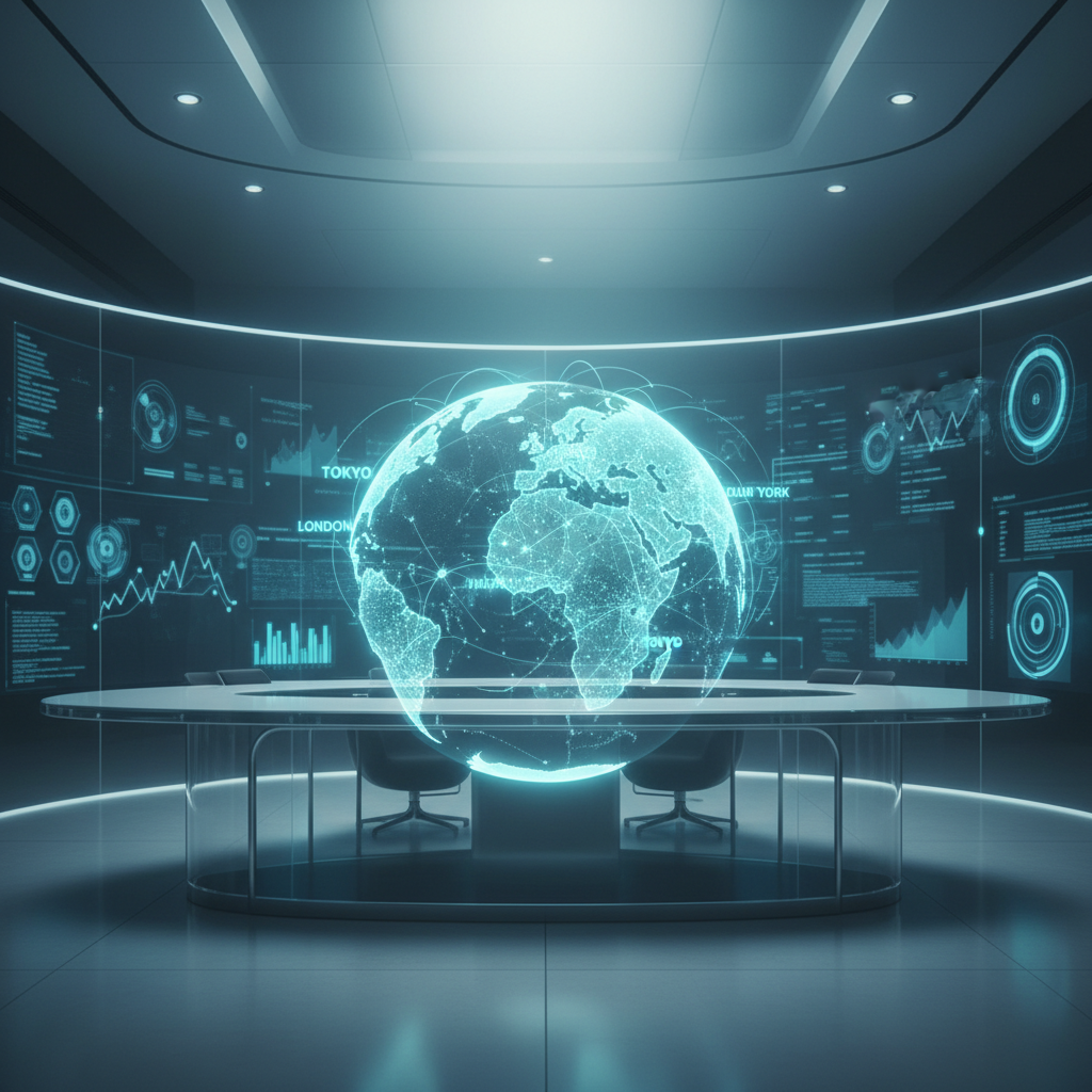 A high-tech digital command center showing a globe with glowing nodes, representing global SEO coverage and automated content distribution.