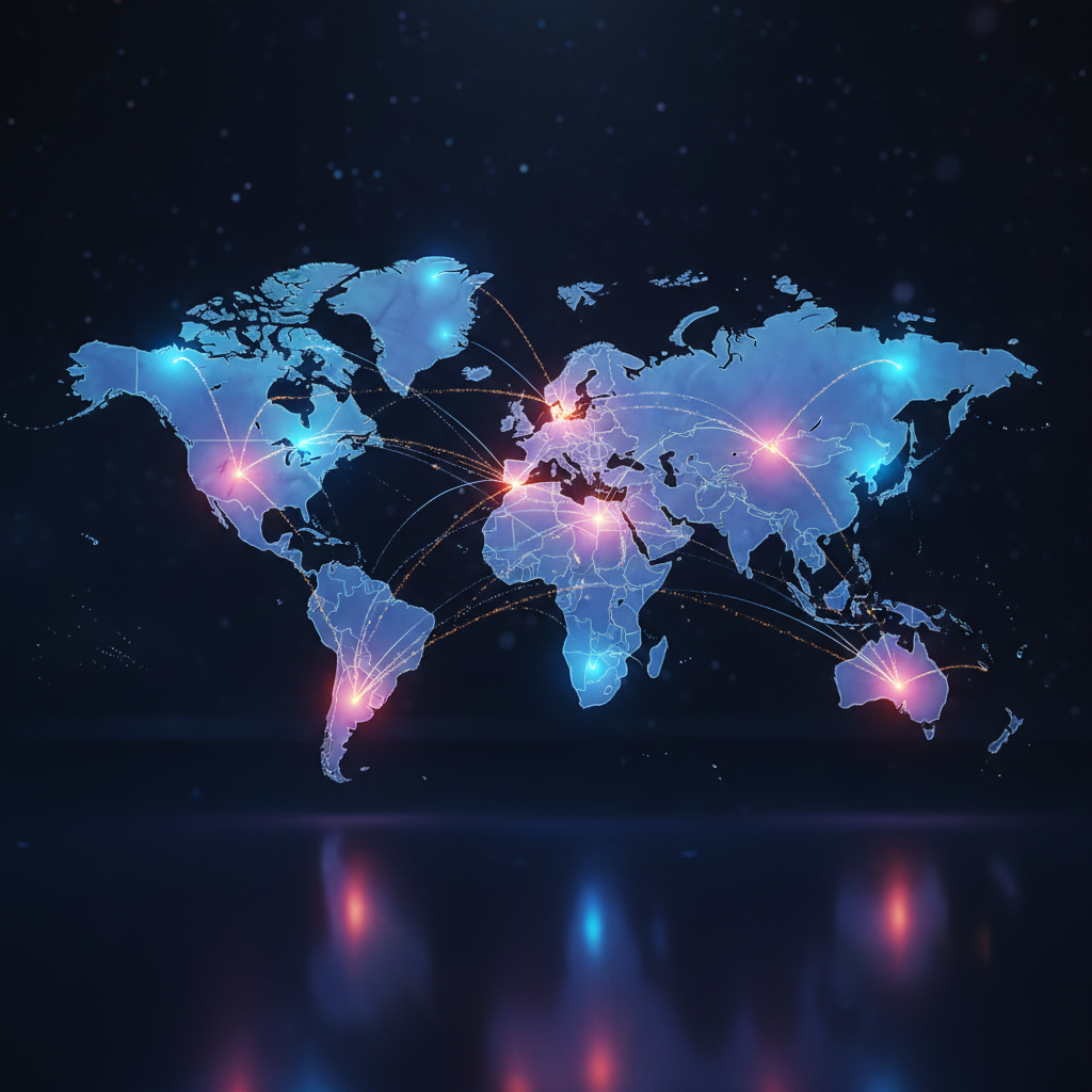 A digital map showing data pings originating from a central point and spreading across a global network.