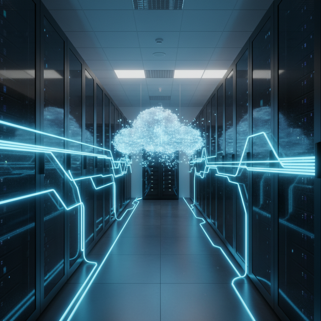 A clean, modern server room with glowing blue data streams moving rapidly between hardware racks.