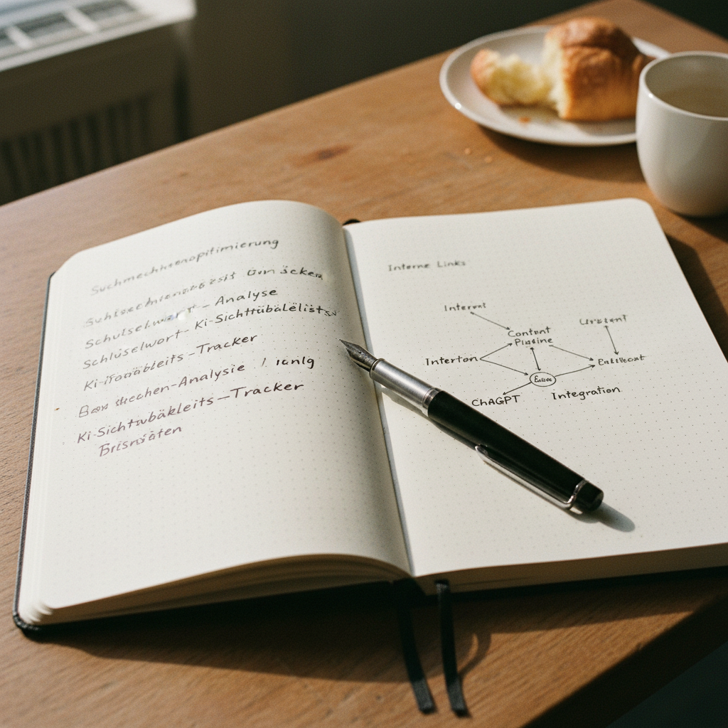 An open notebook with handwritten notes in German about search algorithms next to a fountain pen.