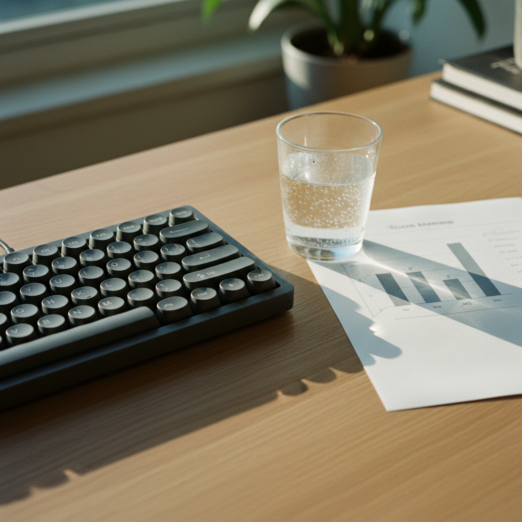 A close-up of a high-end mechanical keyboard on a minimalist wooden desk in a bright Berlin office.