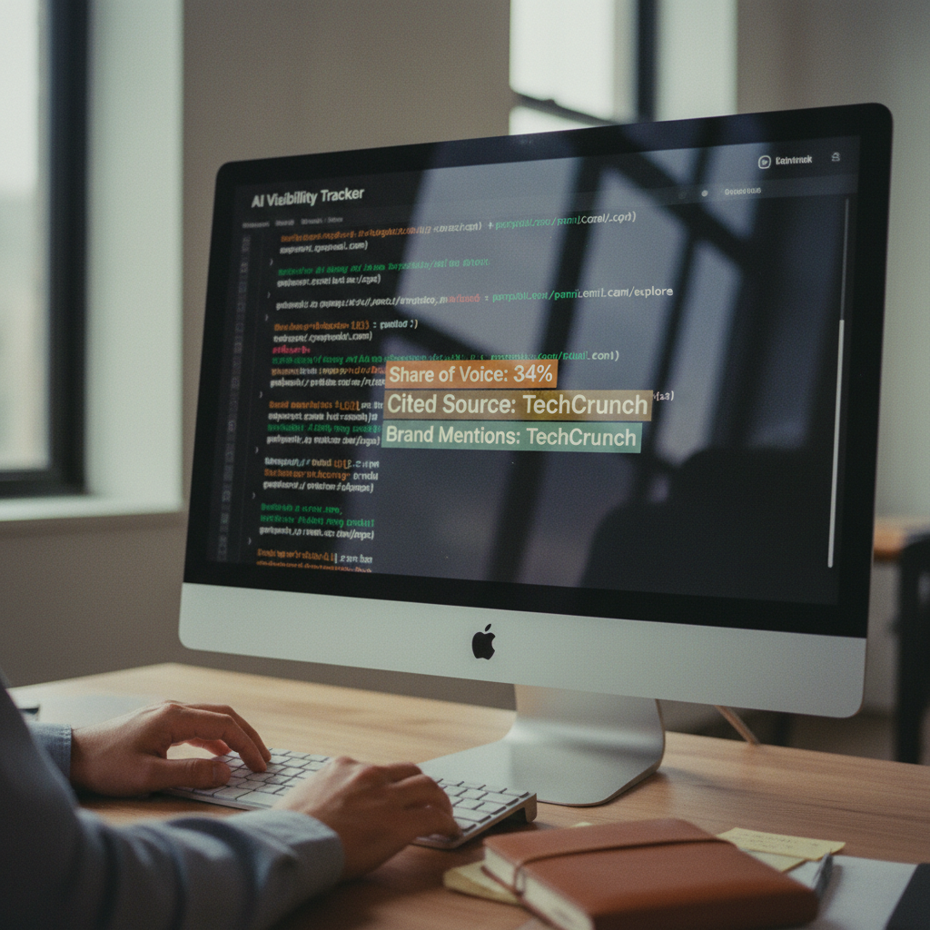 Close-up of a computer screen showing lines of code and data for an AI visibility tracking tool.