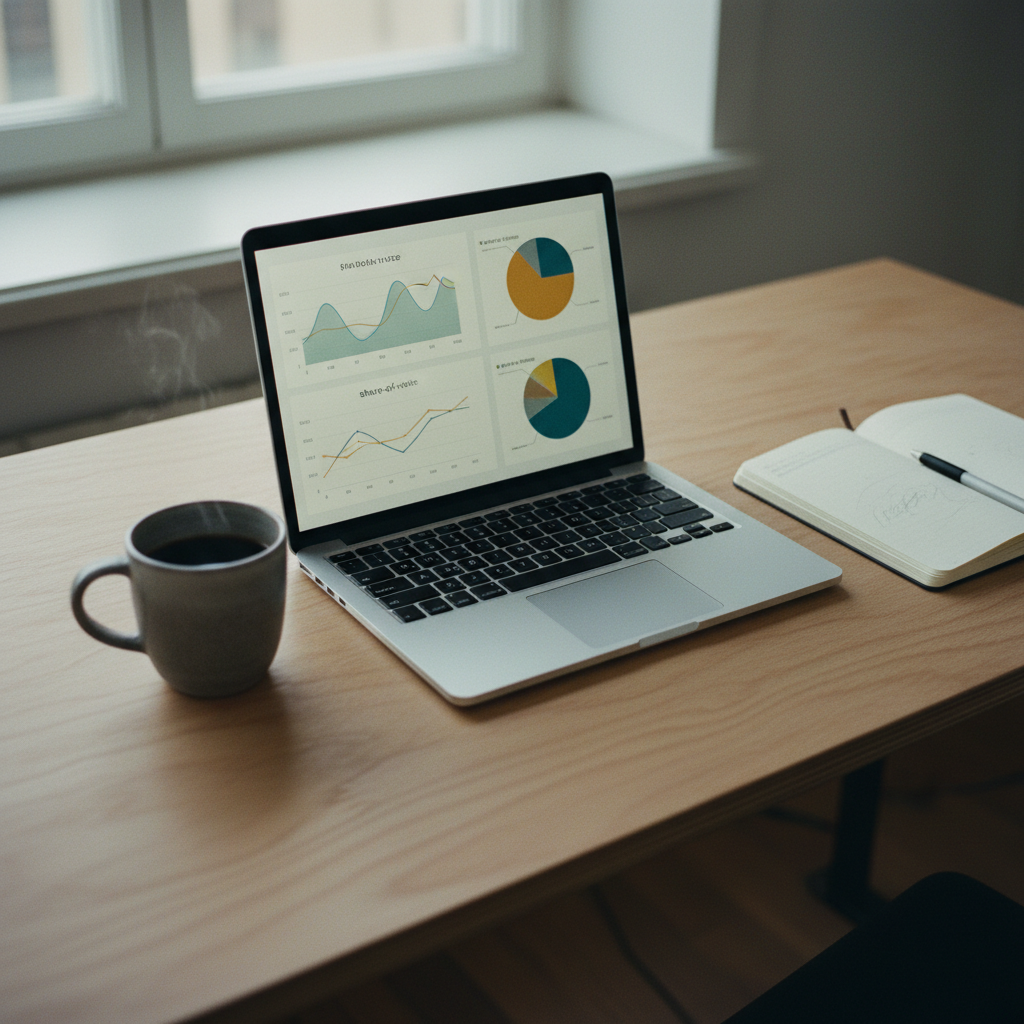 A clean, modern desk with a laptop showing a dashboard with graphs and data related to SEO and AI visibility.