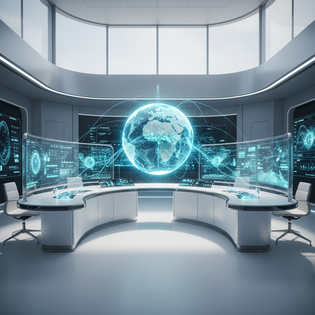A futuristic digital command center showing a globe with glowing connection nodes and data streams representing global AI visibility.