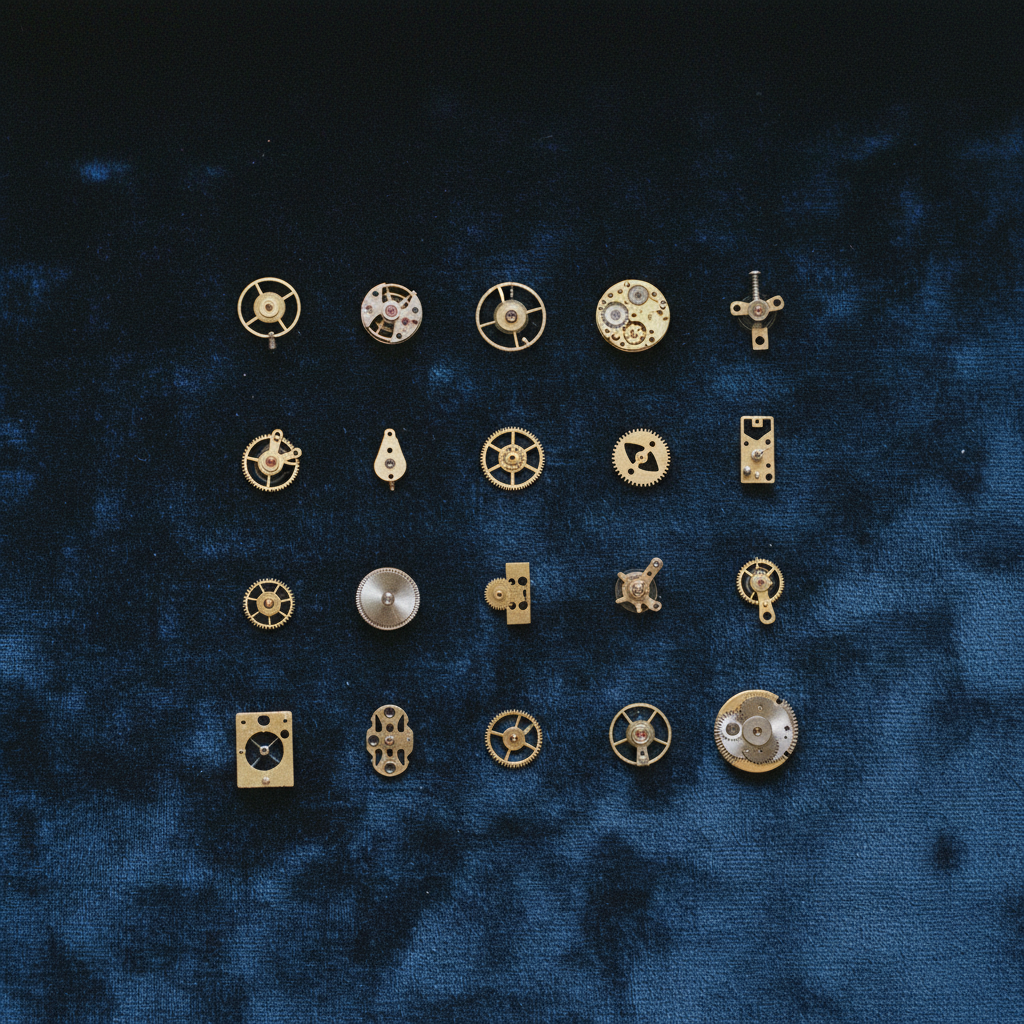 A collection of neatly organized mechanical parts and gears on a velvet cloth, representing architectural precision.