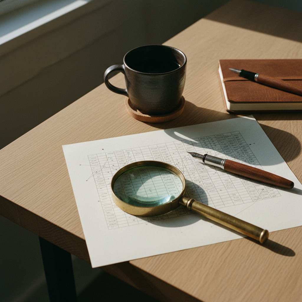 A high-end minimal workspace with a physical magnifying glass over a printed spreadsheet of data.