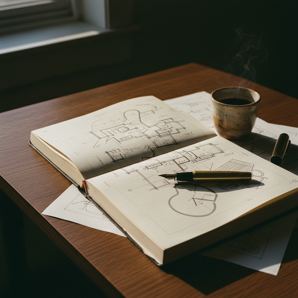 A minimalist wooden desk with an open architectural ledger and a brass fountain pen.