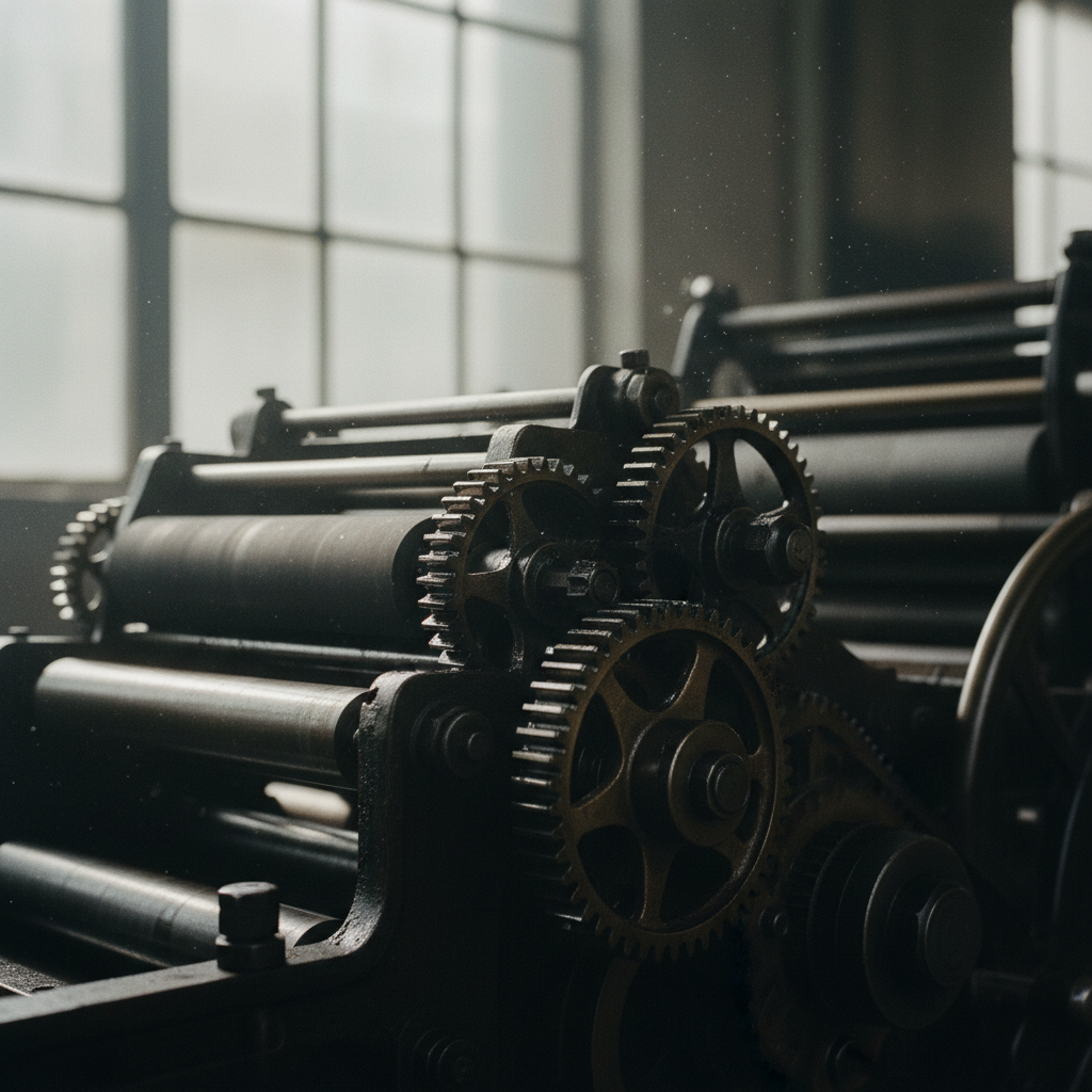 Close-up of a vintage 1970s printing press mechanism with metallic textures and soft morning light.