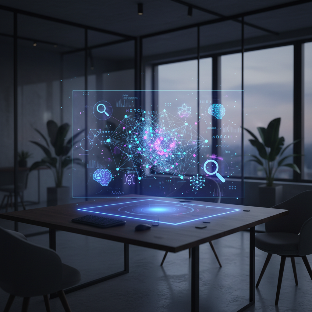 A futuristic digital dashboard showing data nodes connecting to AI model logos like ChatGPT and Perplexity.