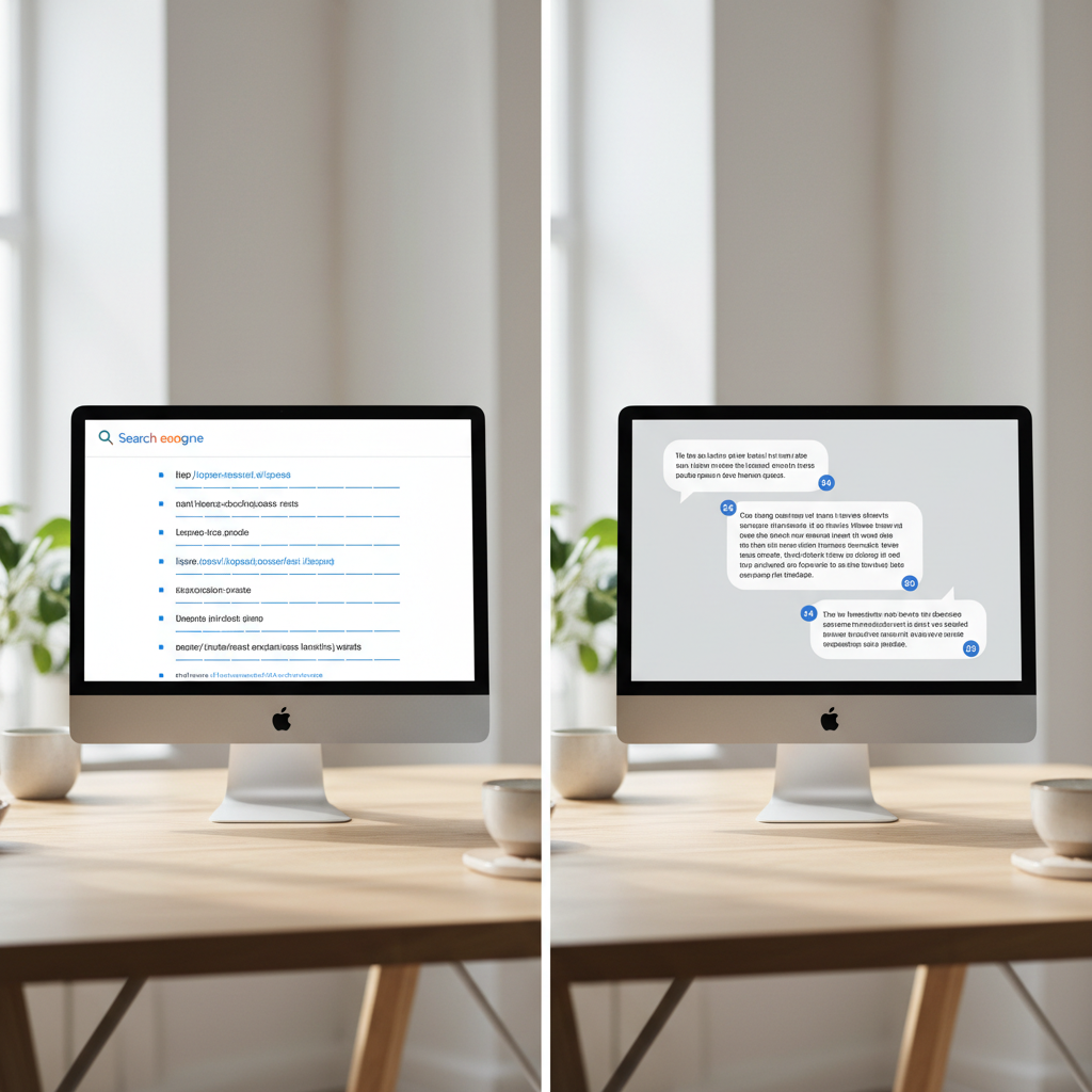 A split screen comparing a traditional Google search result page with a conversational AI response interface.