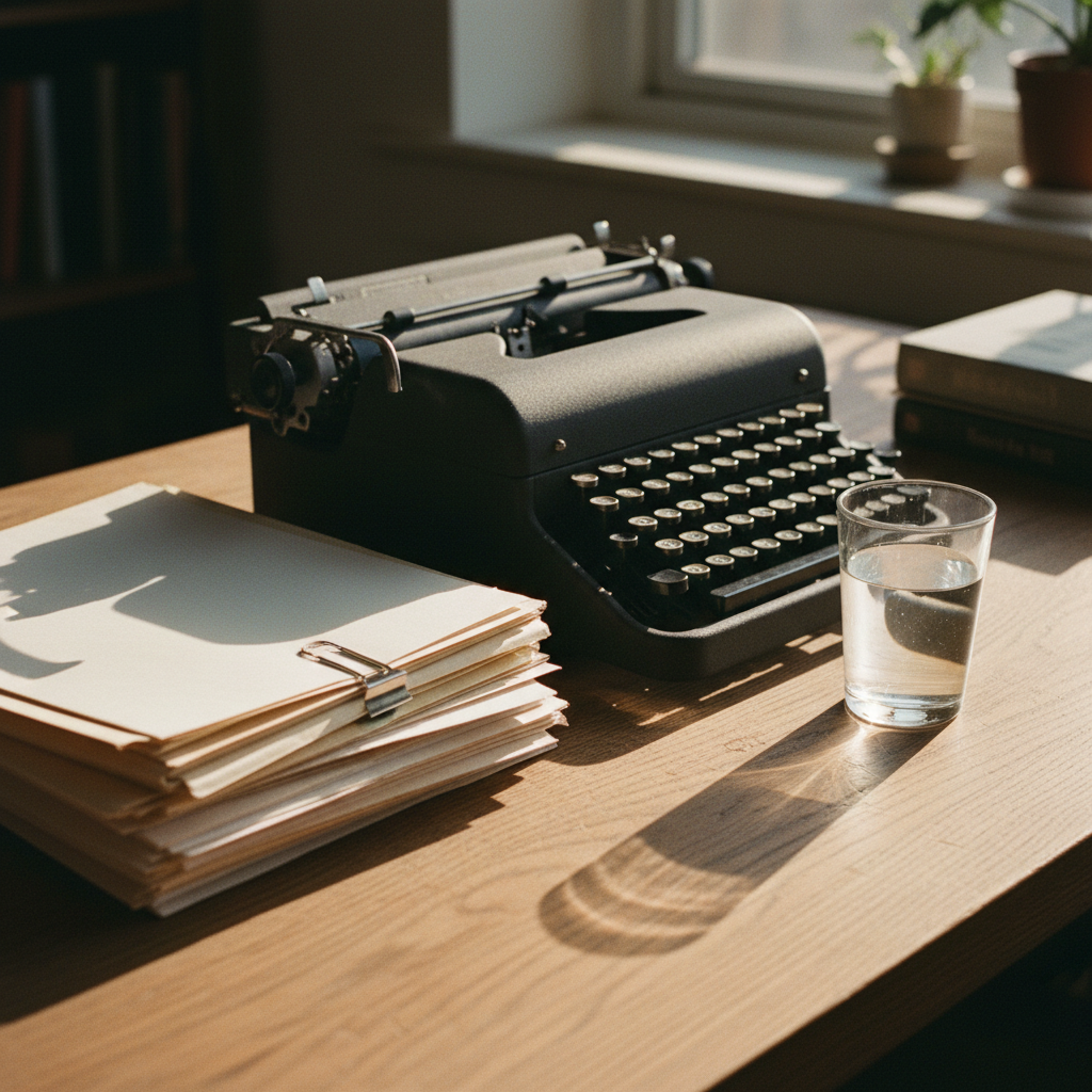 A minimalist desk with a typewriter, a stack of research papers, and a glass of water in soft morning light.