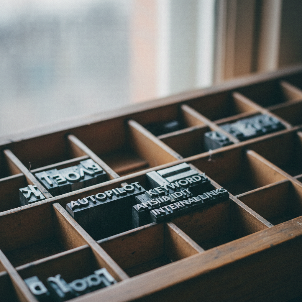 A high-quality, close-up photograph of a vintage printing press interior with metal type blocks and ink rollers.