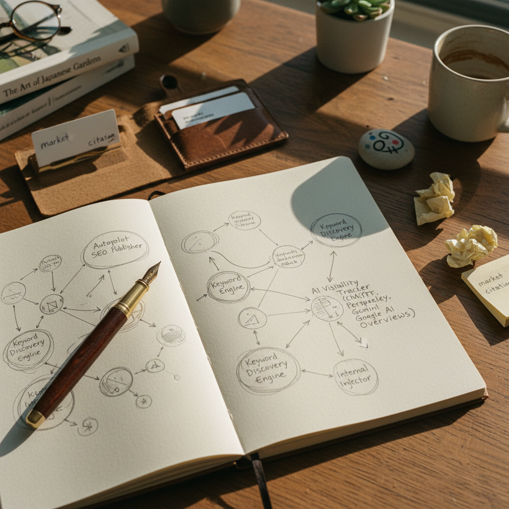 A clean, minimalist desk with a stack of thick, textured paper journals and a fountain pen.