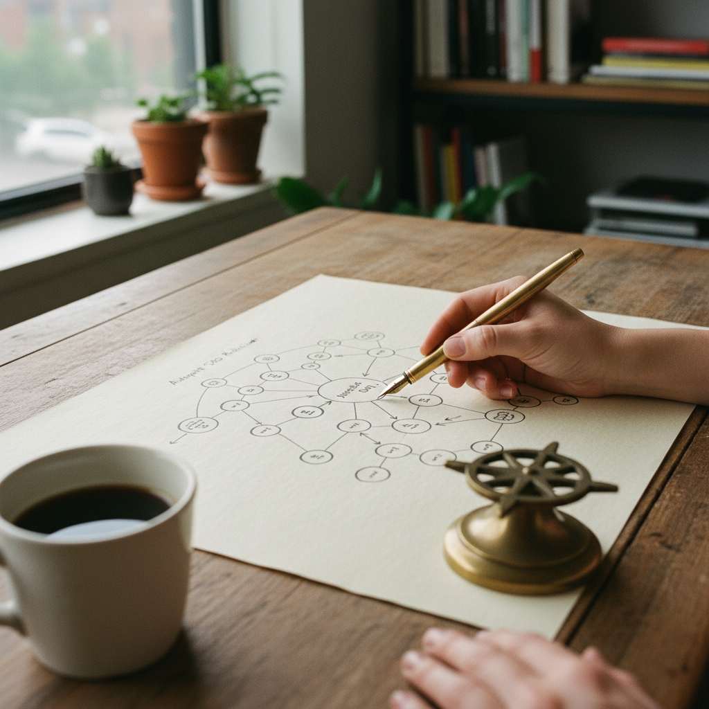 A person's hands reviewing a physical marketing strategy map on a large table.
